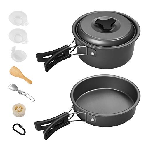 Gonex Ollas Sartén Camping, Utensilios de Cocina Cacerola Cazuela Recipientes Acero Inoxidable Cocinar en Exteriores Picnic Acampada Senderismo al Aire Libre, Kit de 11 PCS para 1-2 Personas (Negro)