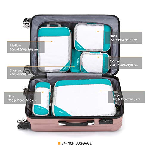 Gonex Organizador para Maletas Viaje Equipaje, Portatrajes Bolsas de Embalaje Almacenaje para Ropa Zapatos Cosméticos Cubos Ultraligeros Ahorro de Espacio Nylon Rip-Stop, (Kit de 6 pcs, Azul Claro)