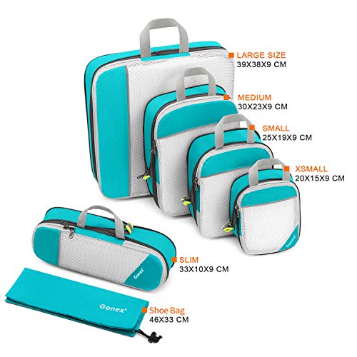 Gonex Organizador para Maletas Viaje Equipaje, Portatrajes Bolsas de Embalaje Almacenaje para Ropa Zapatos Cosméticos Cubos Ultraligeros Ahorro de Espacio Nylon Rip-Stop, (Kit de 6 pcs, Azul Claro)