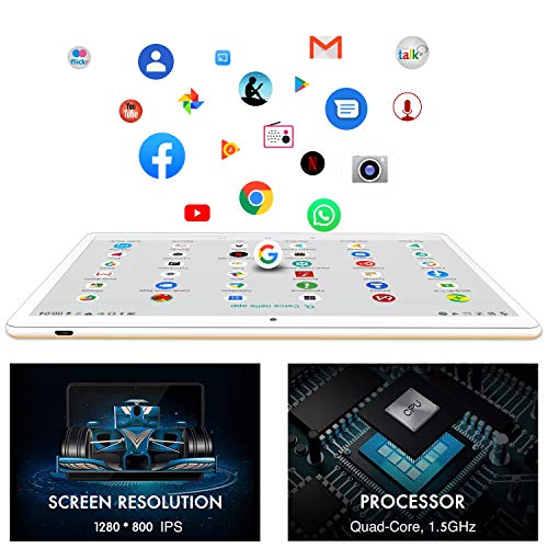 GOODTEL Tablet 10 Pulgadas Tablet 4GB de RAM, 64GB de Memoria Interna, Escalable 128GB, Quad-Core, Dual SIM 8000mAh Batería Bluetooth WiFi GPS Cámara Dual, Type-C Tablet Oro