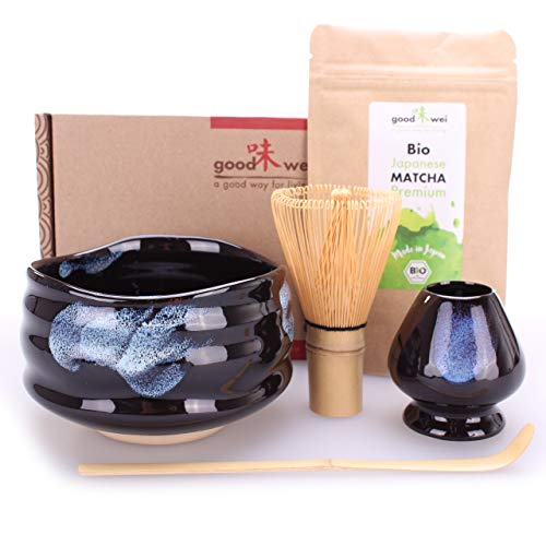Goodwei Juego de Matcha - 30g Té Matcha Biológico Japonés, Cuenco Ceremonial, Batidor y Soporte (Burashi)