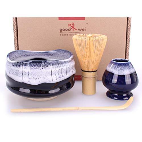 Goodwei Juego de té Matcha Premio - Cuenco Ceremonial, Batidor de Bambú y Soporte - Caja de Regalo (Kori, 80)