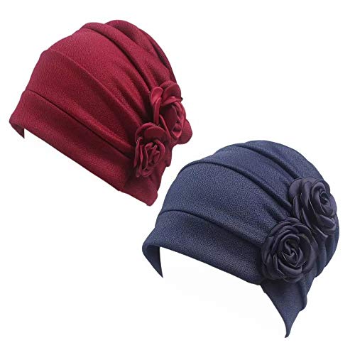 Gorra Beanie De Tela con 2 Flor De Adorno para Fiesta Boda Color Liso Turbante para Cabeza De Mujer para Cáncer Quimioterapia Chemo Oncológico Noche Pèrdida de Pelo Cabello 2 Unidades (I, 2)