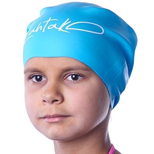 Gorro de Natación para Pelo Largo Infantil - Gorro Piscina para Niña, Niño y Bebe con Rastas o Pelo Largo y Rizado - Gorro de Piscina de Silicona 100% Hipoalergénica (Aqua Blue S)