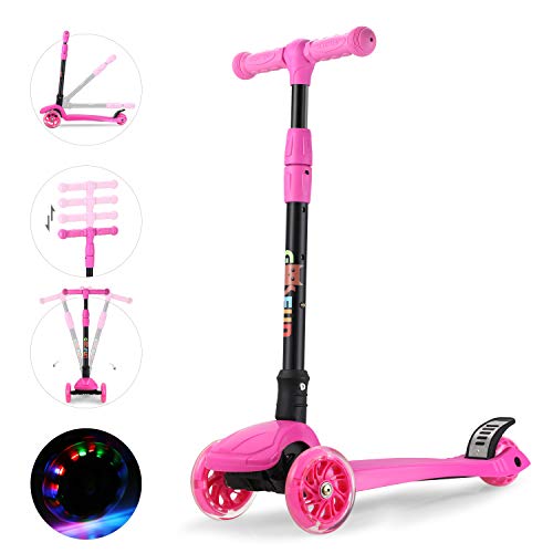 GOSFUN Patinete 3 Ruedas con LED Luces,Diseño Scooter Plegable para Niños de 3 a 12 Años,Alturas Ajustables 64-69-76-83 CM