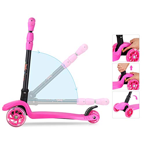 GOSFUN Patinete 3 Ruedas con LED Luces,Diseño Scooter Plegable para Niños de 3 a 12 Años,Alturas Ajustables 64-69-76-83 CM
