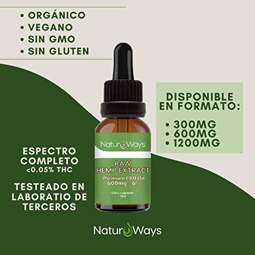 Gotas de Extracto de Cáñamo Orgánico 600Mg (6%) | Alivia el estrés, dolor y ansiedad | 10ml Vegano & Vegetariano | Espectro Completo | Extraído con Co2 | Hecho en EU | Por NaturWays