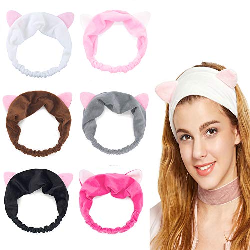 GOTONE - Diadema elástica para lavar la cara, diseño de gato, ideal para ducha o spa, pelo de coral, 6 piezas (blanco, rosa, rojo rosa, café, gris, negro)