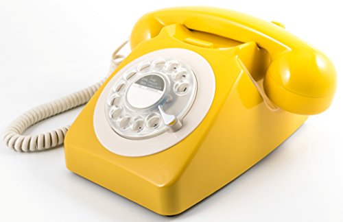 GPO 746 Teléfono Fijo de Disco con Estilo Retro de los años 70 - Cable en Espiral, Timbre auténtico - Mostaza