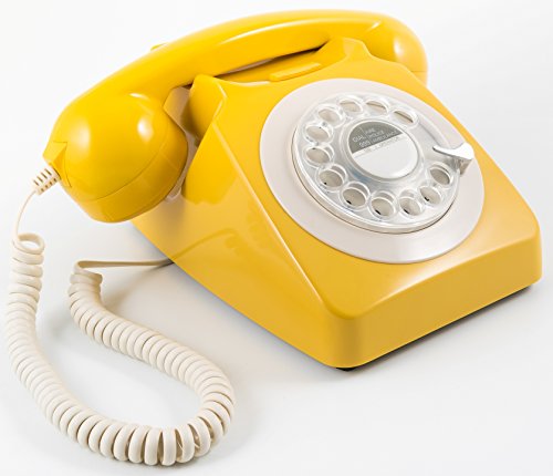 GPO 746 Teléfono Fijo de Disco con Estilo Retro de los años 70 - Cable en Espiral, Timbre auténtico - Mostaza
