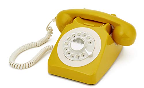 GPO 746 Teléfono Fijo de Disco con Estilo Retro de los años 70 - Cable en Espiral, Timbre auténtico - Mostaza