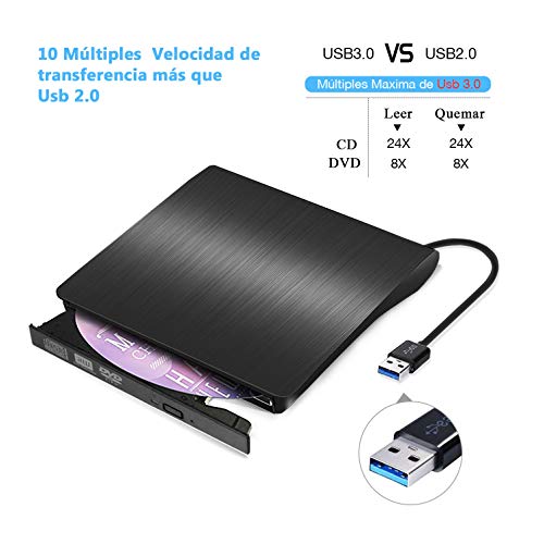 Grabadora CD / DVD Externa Usb 3.0, Rodzon Unidades de DVD Externa Portátil CD / DVD /-RW / ROM Estable con Lector / Quemador / Re - Quemador para Win 10 / 8 / 7 / XP / Vista / Linux / Mac OS