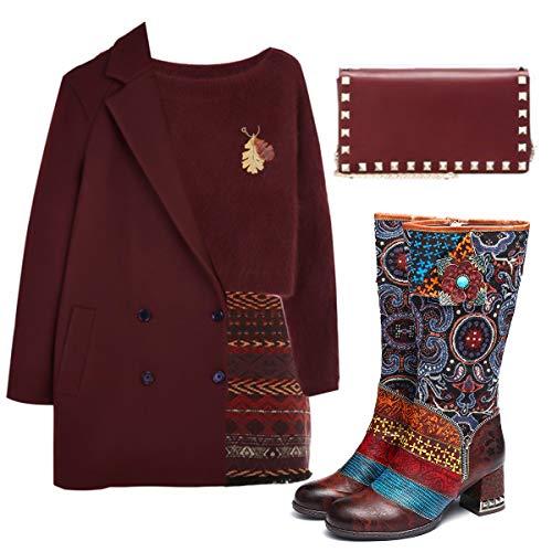 gracosy Botas de Cuero Mujer Otoño e Invierno 2019 Tacon Alto Estilo Bohemio Corte Retro Hecho a Mano Botas de Nieve Patrón de Flores Zapatos Calientes En el Medio Colorido
