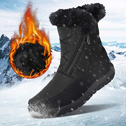 gracosy Botas Nieve Mujer Piel Forrado Tela Sintética Invierno Cálidas Botas Antideslizante Peso Ligero Plano Media Pierna Zapatos