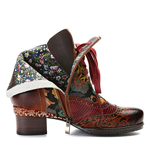gracosy Botines de Cuero para Mujeres,Otoño e Invierno 2019 Bloque de Pata Flor Original Hecho a Mano Estilo Bohemio Nacional Rico en Color Cómodo Suela Blanda Cremallera