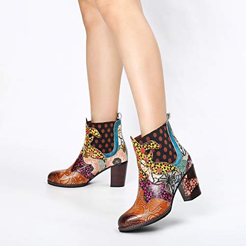 gracosy Botines de Mujer 2019 Cuero Invierno Tacon Alto Forro de Piel Botas de Botas de Nieve Botas de Bajo Zapatos Chelsea Hecho a Mano Color Tela de Colores