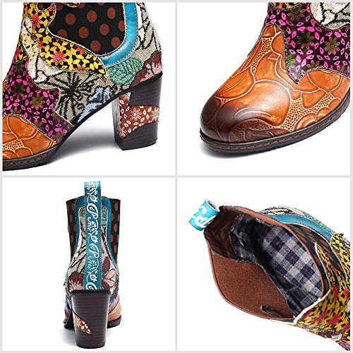 gracosy Botines de Mujer 2019 Cuero Invierno Tacon Alto Forro de Piel Botas de Botas de Nieve Botas de Bajo Zapatos Chelsea Hecho a Mano Color Tela de Colores