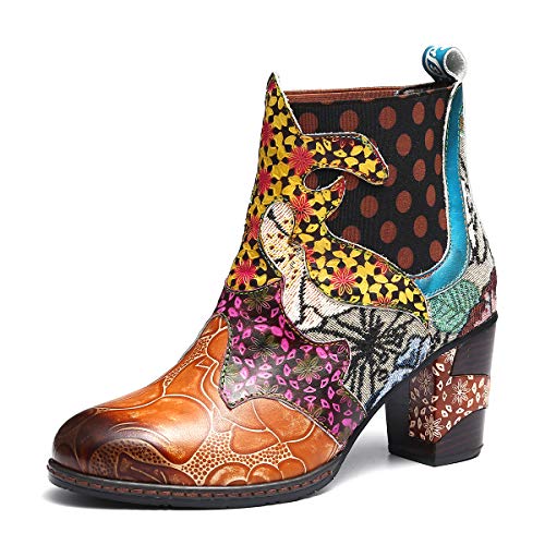 gracosy Botines de Mujer 2019 Cuero Invierno Tacon Alto Forro de Piel Botas de Botas de Nieve Botas de Bajo Zapatos Chelsea Hecho a Mano Color Tela de Colores