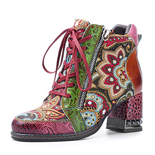 gracosy Botines de Mujer,Otoño e Invierno 2020 Cuero Tacones Altos Encaje Estilo Bohemio Hecho a Mano Diseño Original Patrón de Flores Botas de Nieve Urbano Suela Blanda,Azul