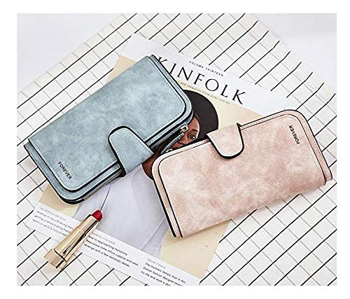 Gran Capacidad Cartera de Cuero de Mujer, Bloqueo RFID Monedero de Piel para Señora, Larga Billetera de Mujer con Bolsillo de Cremallera y Correas de Muñeca (Rosa)