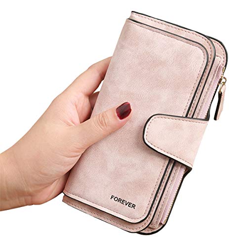 Gran Capacidad Cartera de Cuero de Mujer, Bloqueo RFID Monedero de Piel para Señora, Larga Billetera de Mujer con Bolsillo de Cremallera y Correas de Muñeca (Rosa)