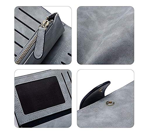 Gran Capacidad Cartera de Cuero de Mujer, Bloqueo RFID Monedero de Piel para Señora, Larga Billetera de Mujer con Bolsillo de Cremallera y Correas de Muñeca (Gris)