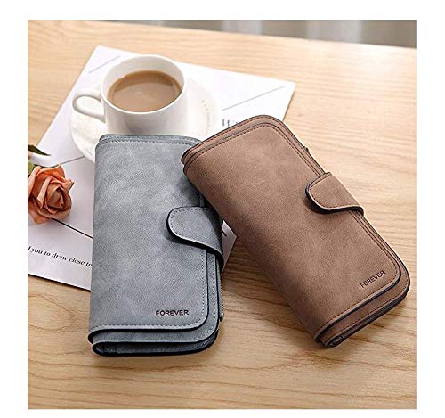 Gran Capacidad Cartera de Cuero de Mujer, Bloqueo RFID Monedero de Piel para Señora, Larga Billetera de Mujer con Bolsillo de Cremallera y Correas de Muñeca (Gris)