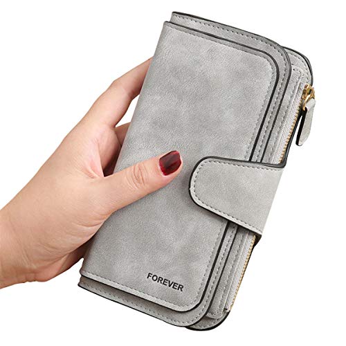 Gran Capacidad Cartera de Cuero de Mujer, Bloqueo RFID Monedero de Piel para Señora, Larga Billetera de Mujer con Bolsillo de Cremallera y Correas de Muñeca (Gris)