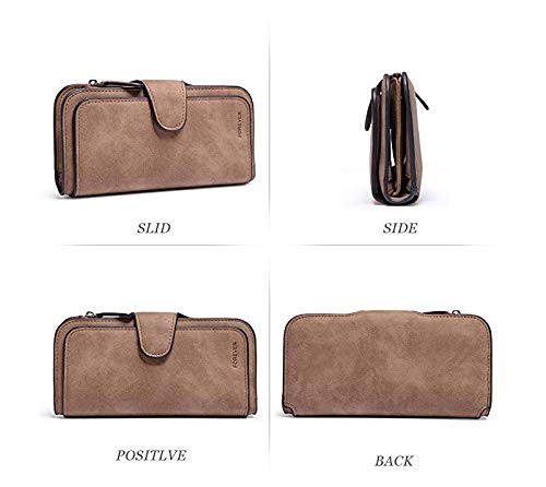 Gran Capacidad Cartera de Cuero de Mujer, Bloqueo RFID Monedero de Piel para Señora, Larga Billetera de Mujer con Bolsillo de Cremallera y Correas de Muñeca (Marrón)