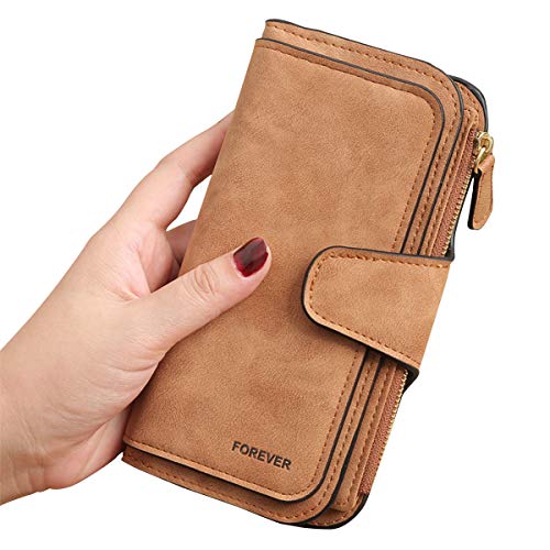 Gran Capacidad Cartera de Cuero de Mujer, Bloqueo RFID Monedero de Piel para Señora, Larga Billetera de Mujer con Bolsillo de Cremallera y Correas de Muñeca (Marrón)