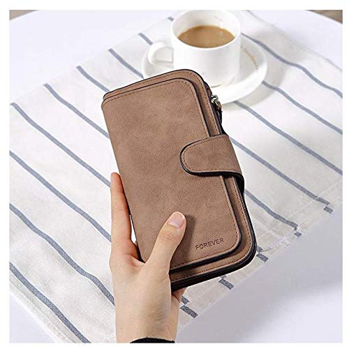 Gran Capacidad Cartera de Cuero de Mujer, Bloqueo RFID Monedero de Piel para Señora, Larga Billetera de Mujer con Bolsillo de Cremallera y Correas de Muñeca (Marrón)