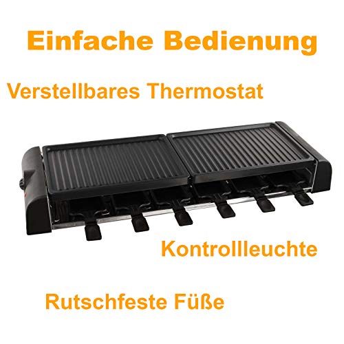 Gran mesa de raclette parrilla parrilla eléctrica para 12 personas 2 placas de barbacoa (12 Sartenes, 1800 W, antiadherente, parrilla de fiesta)
