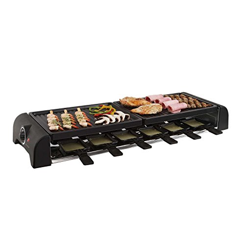 Gran mesa de raclette parrilla parrilla eléctrica para 12 personas 2 placas de barbacoa (12 Sartenes, 1800 W, antiadherente, parrilla de fiesta)