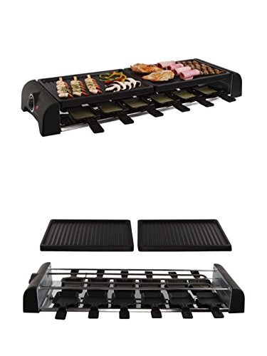 Gran mesa de raclette parrilla parrilla eléctrica para 12 personas 2 placas de barbacoa (12 Sartenes, 1800 W, antiadherente, parrilla de fiesta)