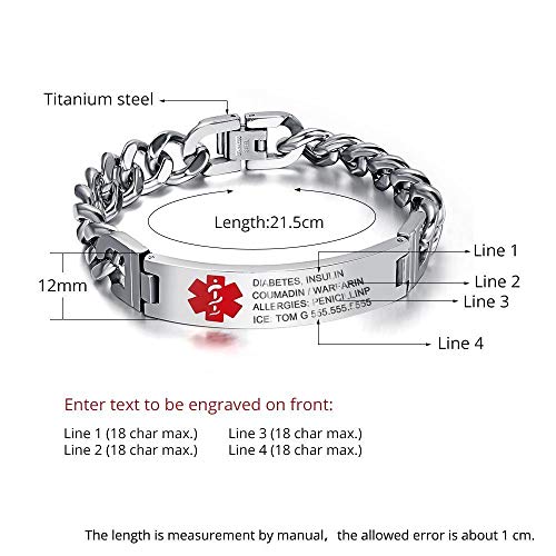 Grand Made 8,5 pulgadas gratis pulsera de grabado de emergencia médica para hombres ID Wrap for Adult Awake Bracelet Titanium Steel Medical Medical pulsera para mujeres