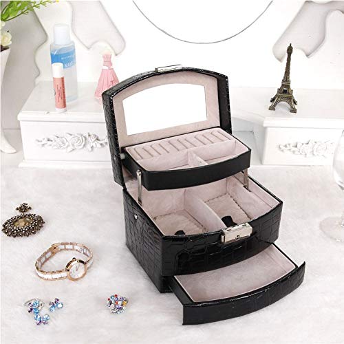 Grande de la joyería caja de regalo, PU Patrón de piel de cocodrilo de 3 gradas Espejo Organizador maquillaje cosmético del bolso del caso con cerradura para los anillos, pulseras, collares,Negro