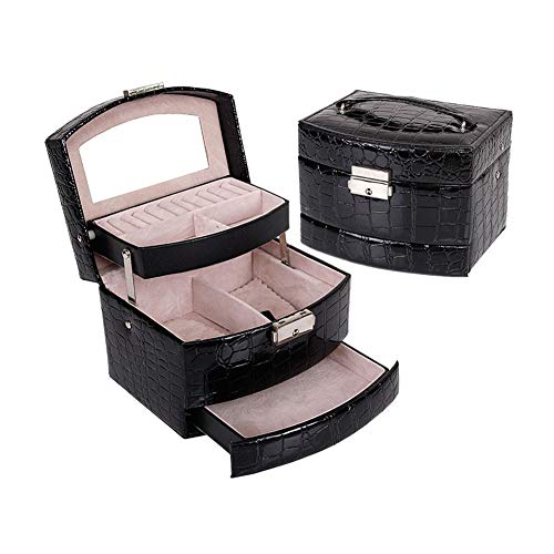 Grande de la joyería caja de regalo, PU Patrón de piel de cocodrilo de 3 gradas Espejo Organizador maquillaje cosmético del bolso del caso con cerradura para los anillos, pulseras, collares,Negro