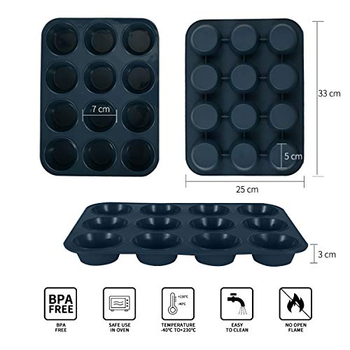 Grande Molde de Silicona para 12 Magdalenas, Bandejas para Hornear Muffin con Recubrimiento Antiadherente para Muffins, Cupcake, Brownie, Budín 33 x 25x 3 cm (Gris)