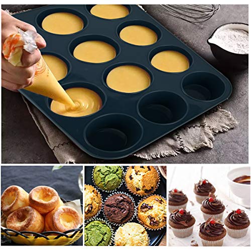 Grande Molde de Silicona para 12 Magdalenas, Bandejas para Hornear Muffin con Recubrimiento Antiadherente para Muffins, Cupcake, Brownie, Budín 33 x 25x 3 cm (Gris)