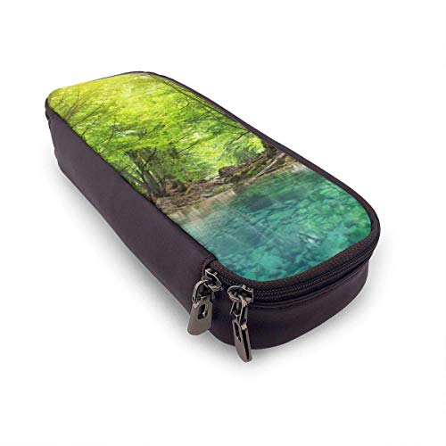 Green Peaceful River Deep in Mountain Forest Nature Composition Beauty with Zipperater Stream Portable Leather Pencil Case Pencil Bag