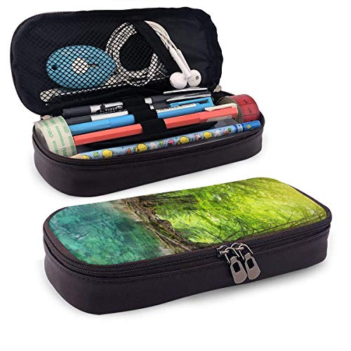 Green Peaceful River Deep in Mountain Forest Nature Composition Beauty with Zipperater Stream Portable Leather Pencil Case Pencil Bag