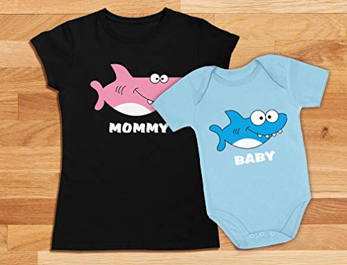 Green Turtle Mommy Shark and Baby Shark Set para Mamá y Bebé - Regalo Original para Mamá Mamá Gris Large/Bebé Celeste 12-18 Mes