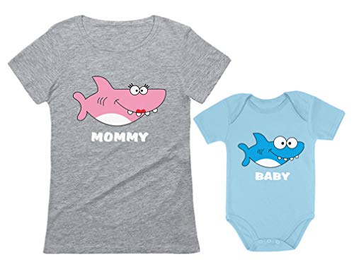 Green Turtle Mommy Shark and Baby Shark Set para Mamá y Bebé - Regalo Original para Mamá Mamá Gris Large/Bebé Celeste 12-18 Mes
