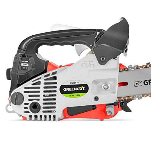 GREENCUT GS250X-10 - Motosierra Poda de gasolina 25,4cc y 1,4cv con espada de 10'' Arranque Easy-Start, Sistema Anti-Vibración, Incluye protector de espada y KIT