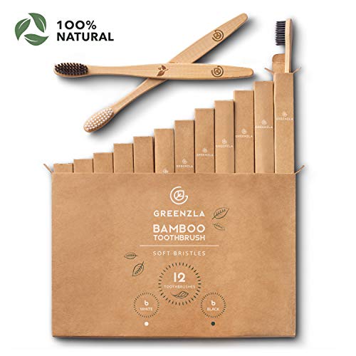 Greenzla Cepillos de Dientes de Bambú (Kit de 12) | Cepillos de Dientes de Carbón de Cerdas Suaves | Cepillo de Dientes de Bambú Natural y Ecológico | Madera Biodegradables y 100% Orgánicos