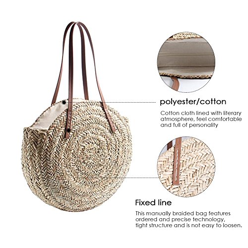 GreSky Bolso Redondo De Verano Bolso De Playa De Paja Bolso De Tejido para Mujer De Viaje Y Uso Diario