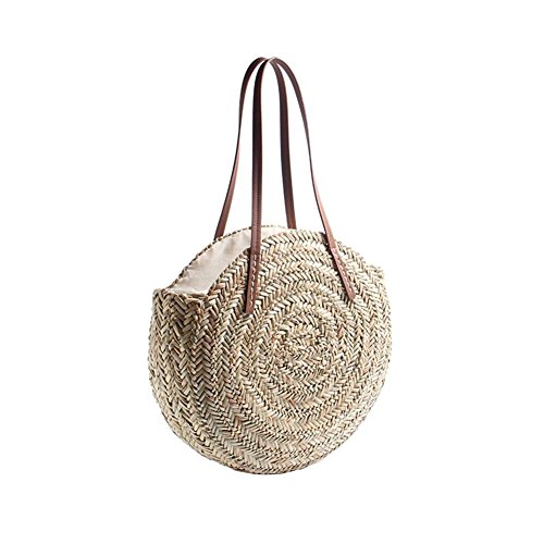 GreSky Bolso Redondo De Verano Bolso De Playa De Paja Bolso De Tejido para Mujer De Viaje Y Uso Diario