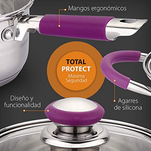 GRIDINLUX. Batería de cocina. 8 piezas de Alta Gama, Resistente. Acero Inoxidable, Material Alta Calidad, Set Antiadherente, Asas Silicona, Juego Cacerolas Resistentes, Todo tipo de Cocinas