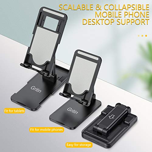 Gritin Soporte Móvil, Multiángulo Soporte Teléfono Mesa, Soporte Dock Base Plegable&Portátil con Almohadilla de Silicona Antideslizante para Teléfono Móvil iPhone, Android y Tablet
