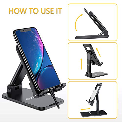 Gritin Soporte Móvil, Multiángulo Soporte Teléfono Mesa, Soporte Dock Base Plegable&Portátil con Almohadilla de Silicona Antideslizante para Teléfono Móvil iPhone, Android y Tablet